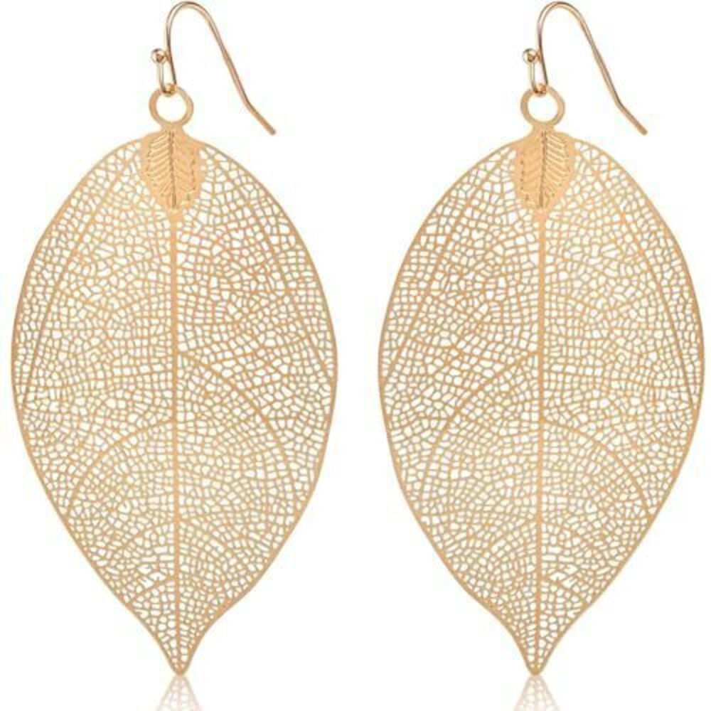 5849 Big Filigree Leaf Earrings - Boho Gold Tone Dangle Earrings